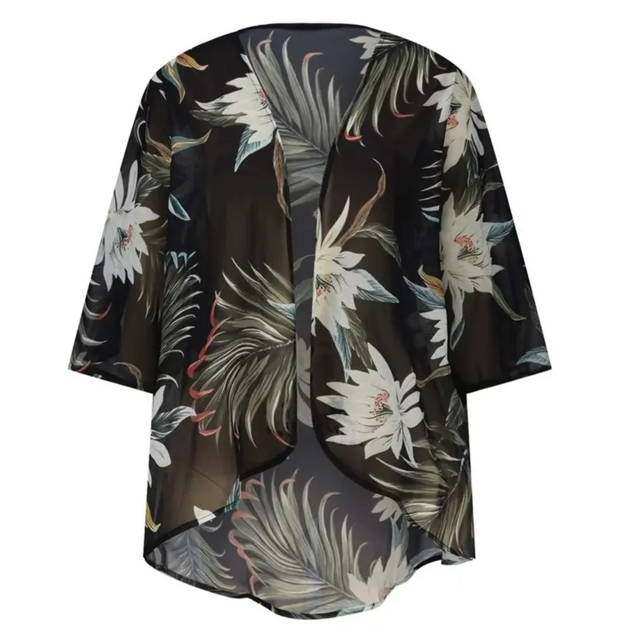 Tropical Floral Print Sheer Swim Cover-up Kimono Cardigan Topper Womens XL Beach