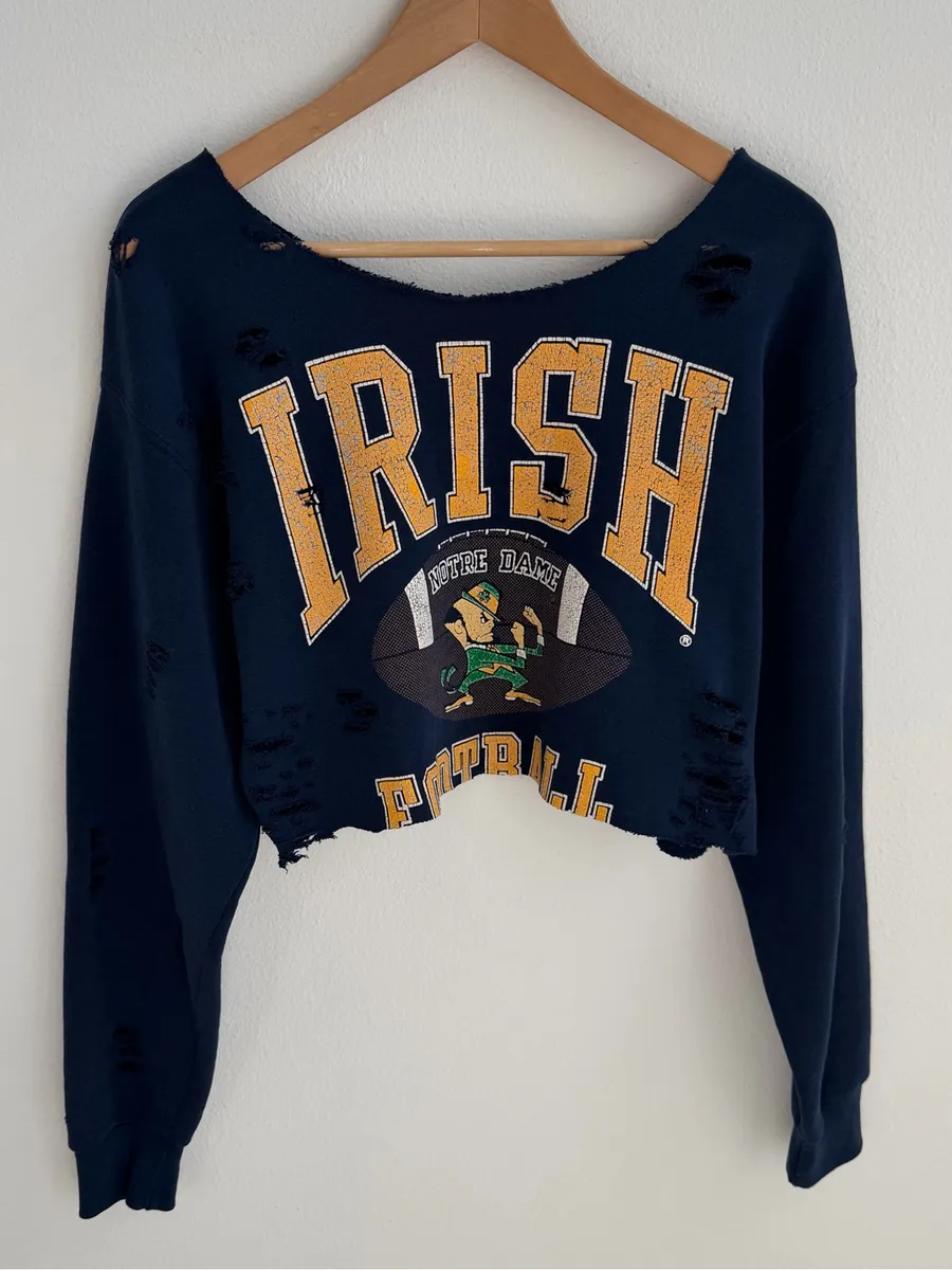 Notre Dame Fighting Irish Distressed Off Shoulder Cropped Sweatshirt