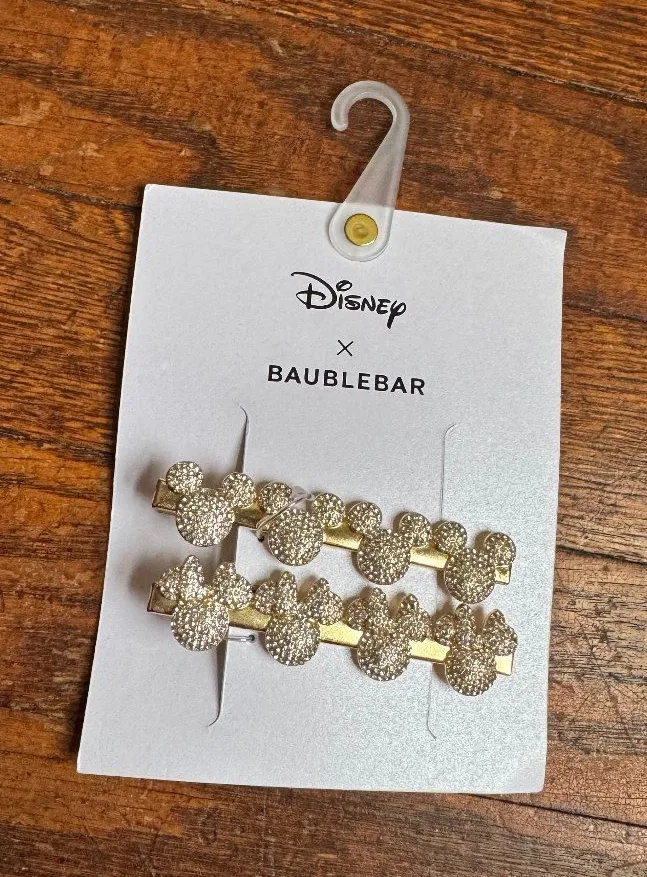 Disney X Baublebar Mickey Minnie Mouse Hair Clips Crystals Gold Barrette New NWT