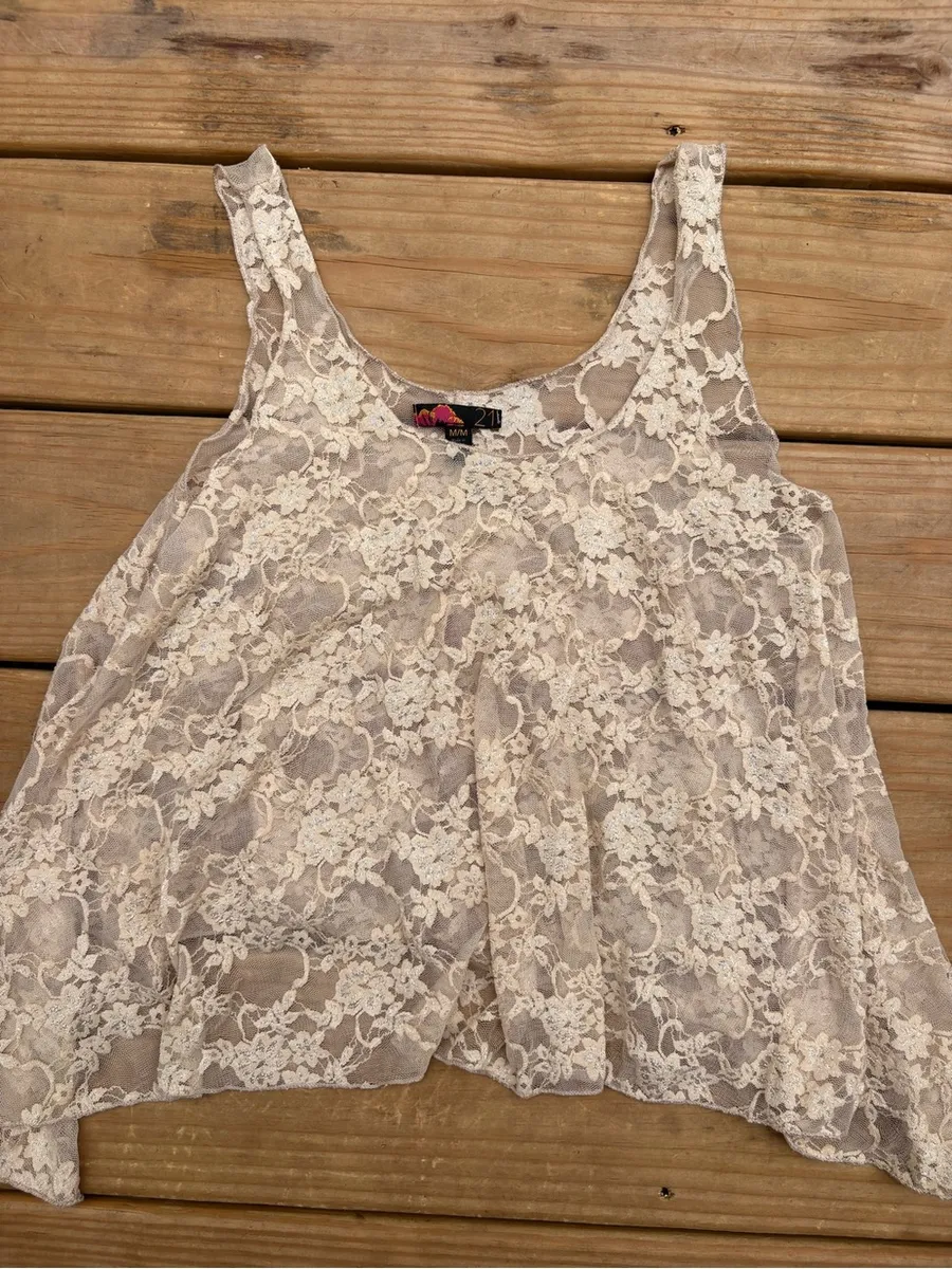 Love 21 Forever 21 Women’s M Beige Floral Lace Tank Top Handkerchief Hem Size M