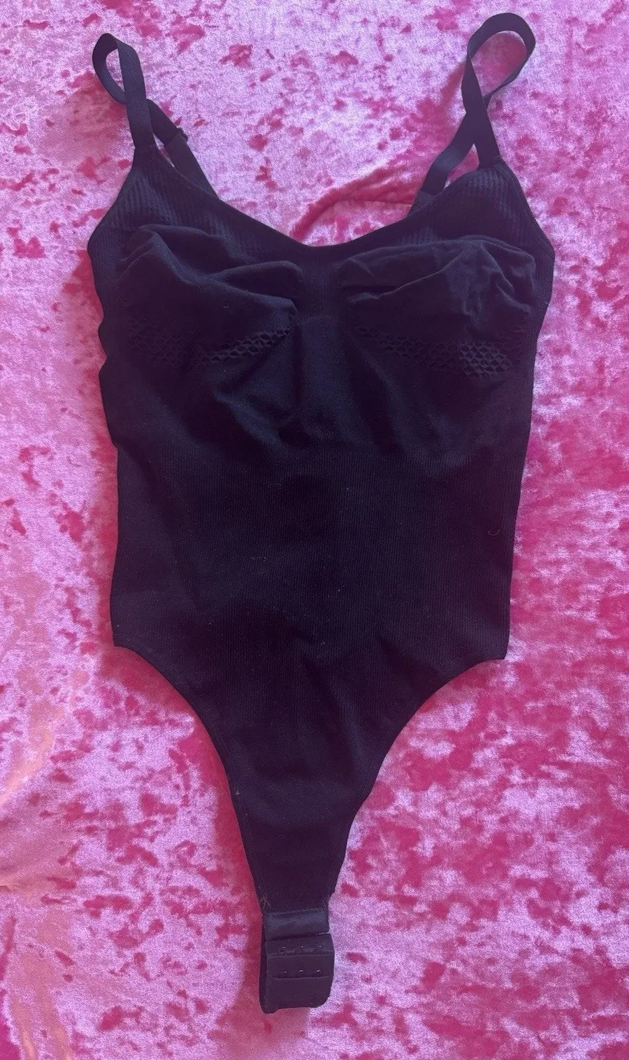Black Seamless Sculpt Thong Bodysuit Stretchy Adjustable Straps Women's Small