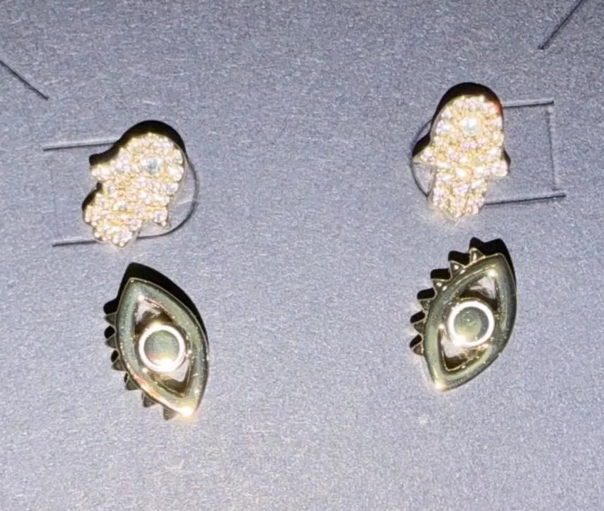 NEW QUAY Hamsa Hand & Evil Eye Crystal Stud Earrings Gold Tone 2 Pair Box
