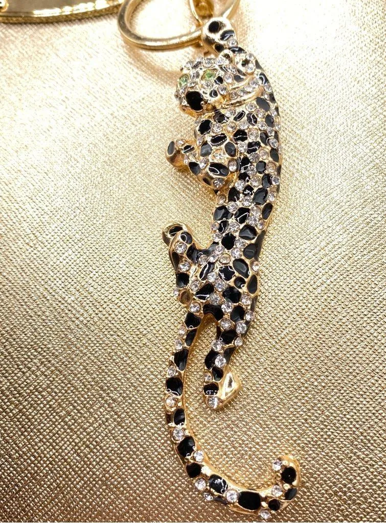 🐆 LEOPARD Climbing Bag Charm Keychain Rhinestones Green Eyes Gold