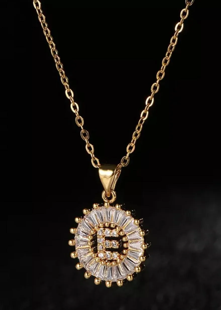Initial “E” Rhinestone Charm Necklace Gold