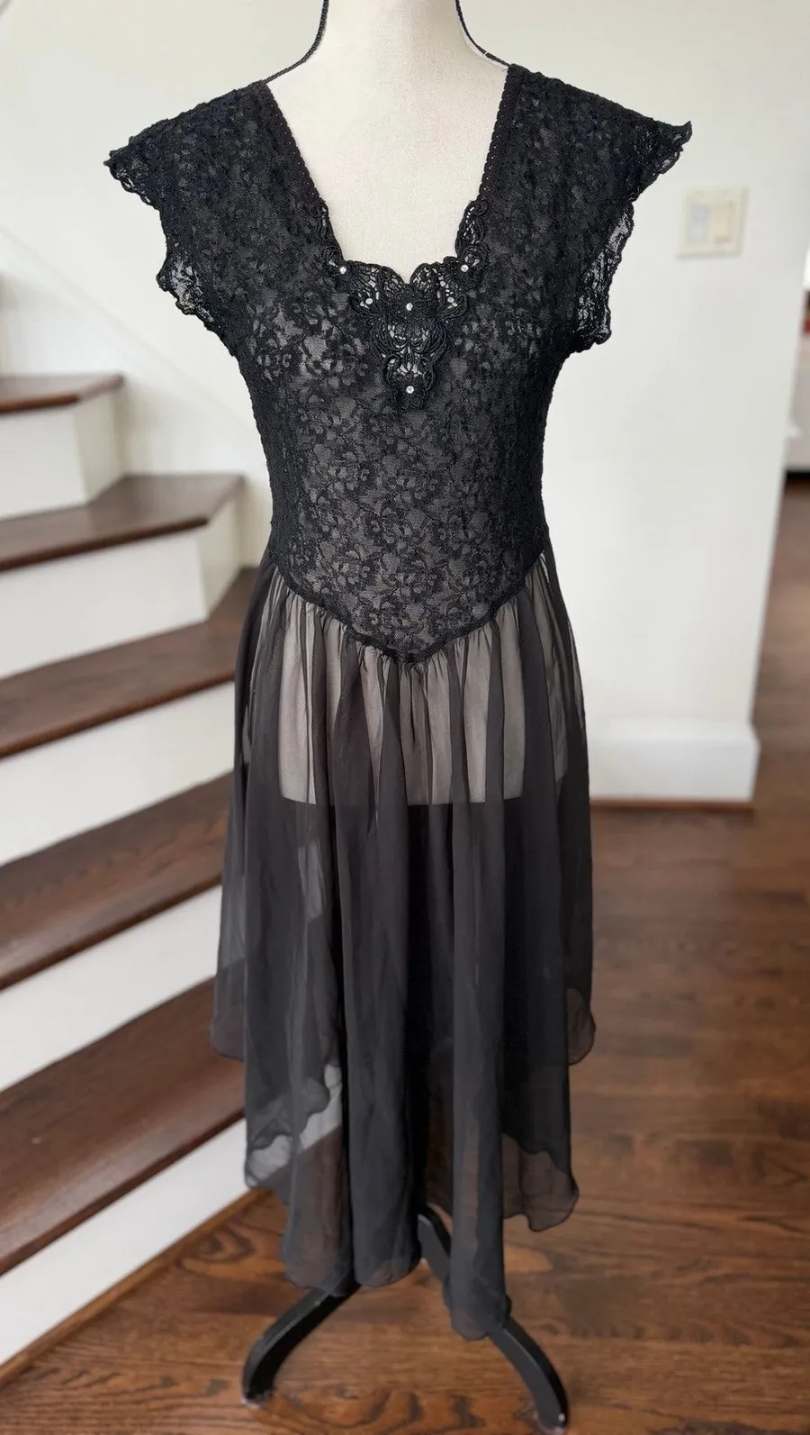 Vintage 80s 90s Black Lace Sheer Rhinestone Lingerie Slip Nightgown Whimsygoth Size L