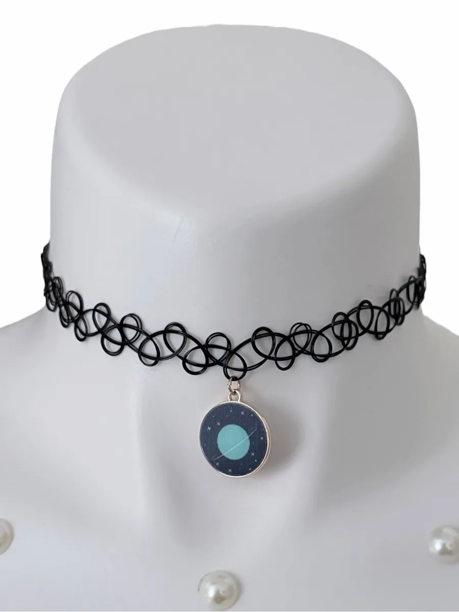 Lenticular Planet Charm Choker Necklace Handmade