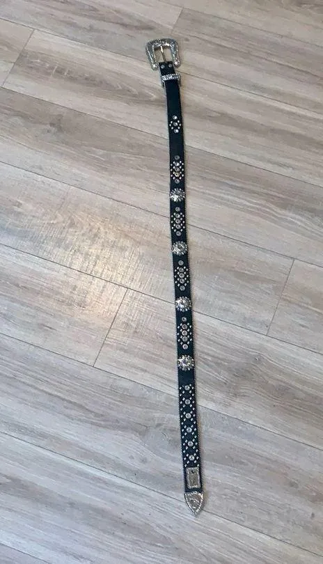 Mountain West Rhinestone Black Leather Belt Womens Studded Western