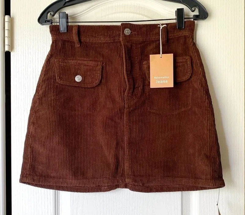 Reformation Skirt Elia Patch Pocket Corduroy Mini High-Waisted Cafe 26 NWT