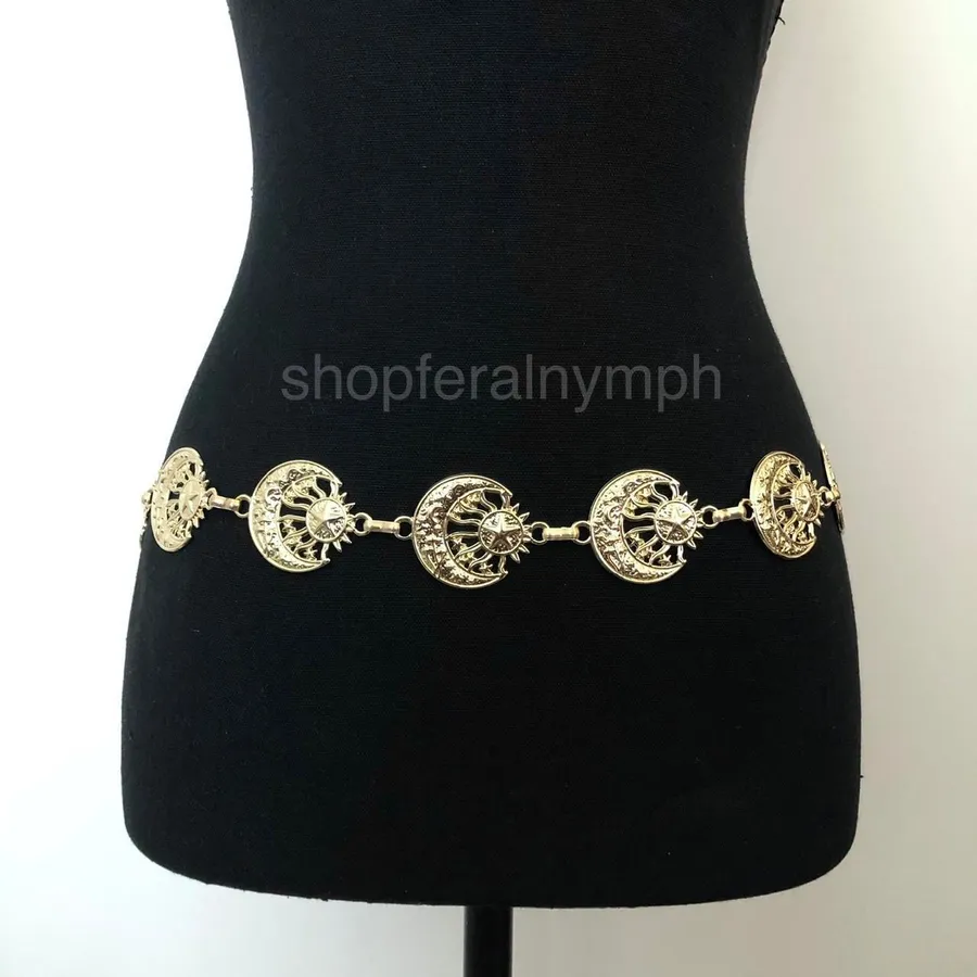 Vintage Y2K Celestial Gold Sun and Moon Chain Belt, Up to 40 Inches, X7GA1147
