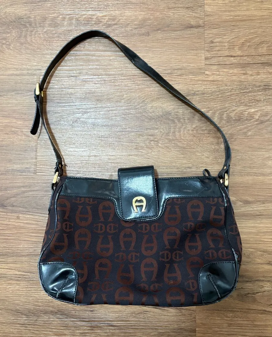 Vintage Etienne Aigner Brown Black Monogram Shoulder Bag Y2K Baguette Purse