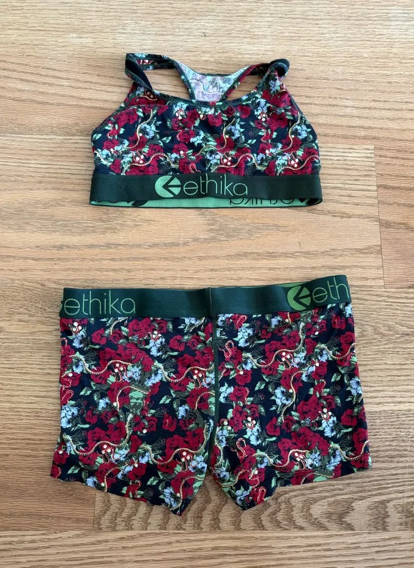 Ethika Floral Sports Bra & Boxer Short Set - Black & Red Floral