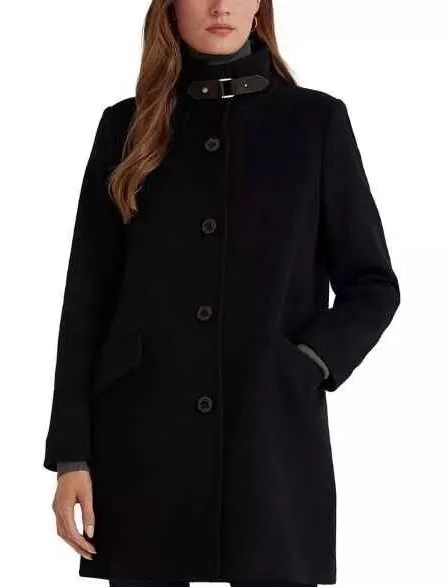 Lauren Ralph Lauren Wool Blend Black Coat Buckle Neck Button Front Size 6