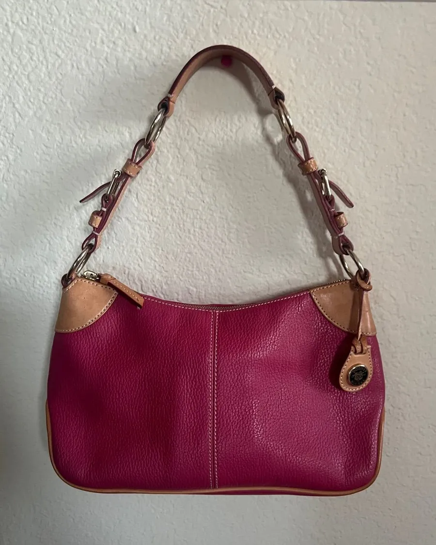 Dooney & Bourke Pink Pebbled Leather Hobo Shoulder Bag with Tan Trim