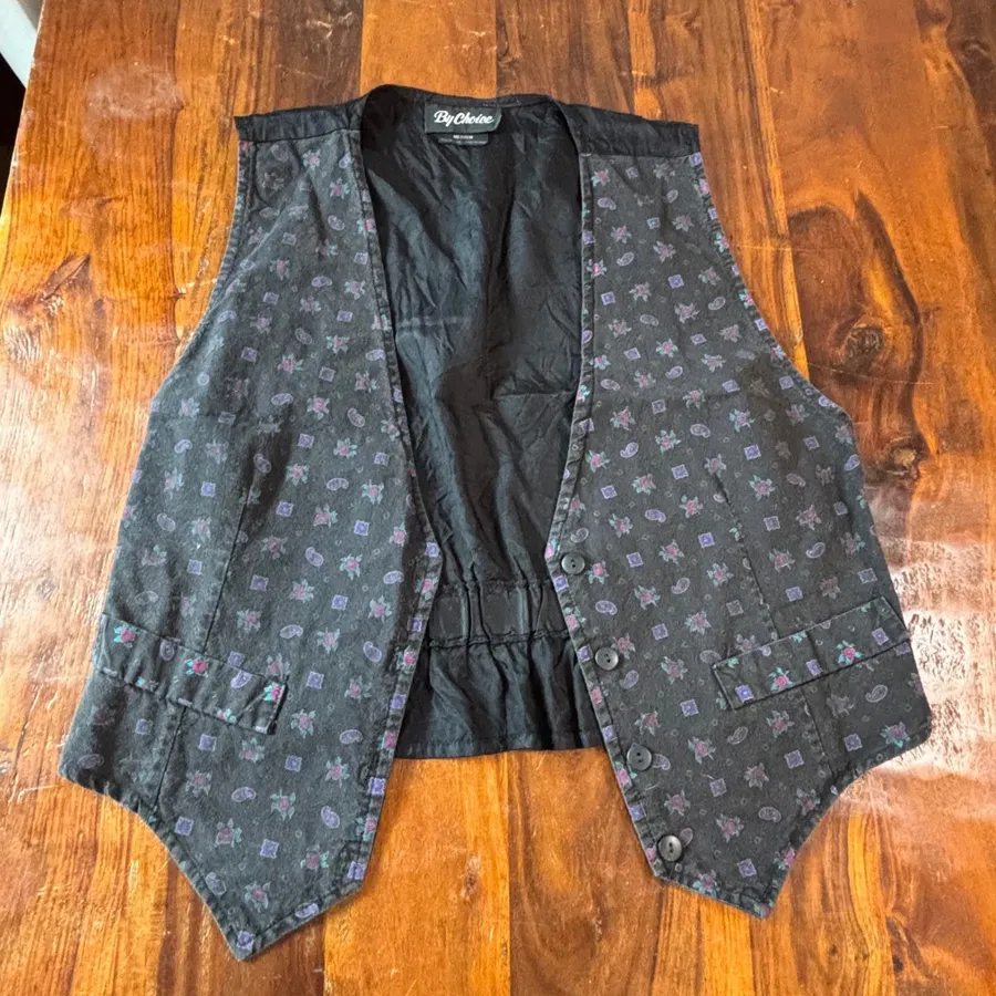 By Choice Vintage 90s Paisley Floral Button Front Vest Black Purple Medium USA