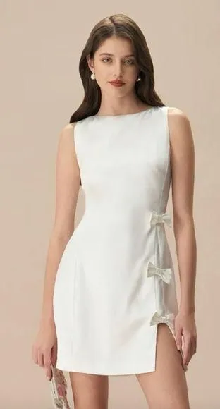 Rihoas White Satin Mini Dress Medium | Bow Detail Bridal Party NWT