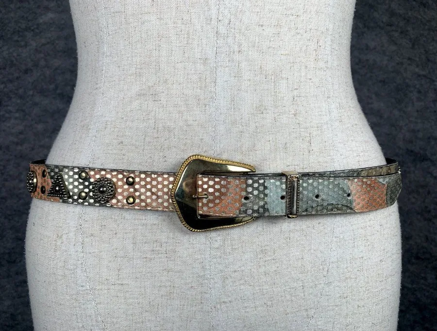 Vintage Elite Womens Belt Large Metallic Medallion Gold Buckle Retro 80s 90s