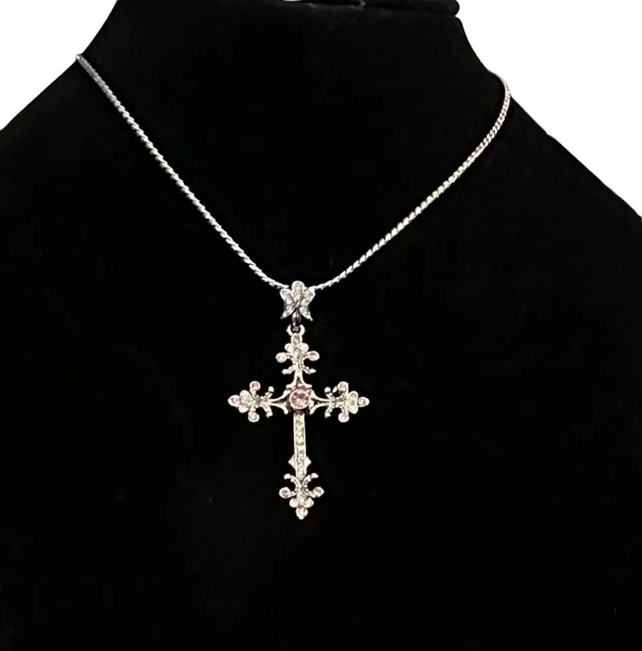 silver tone rhinestone gothic cross pendant necklace