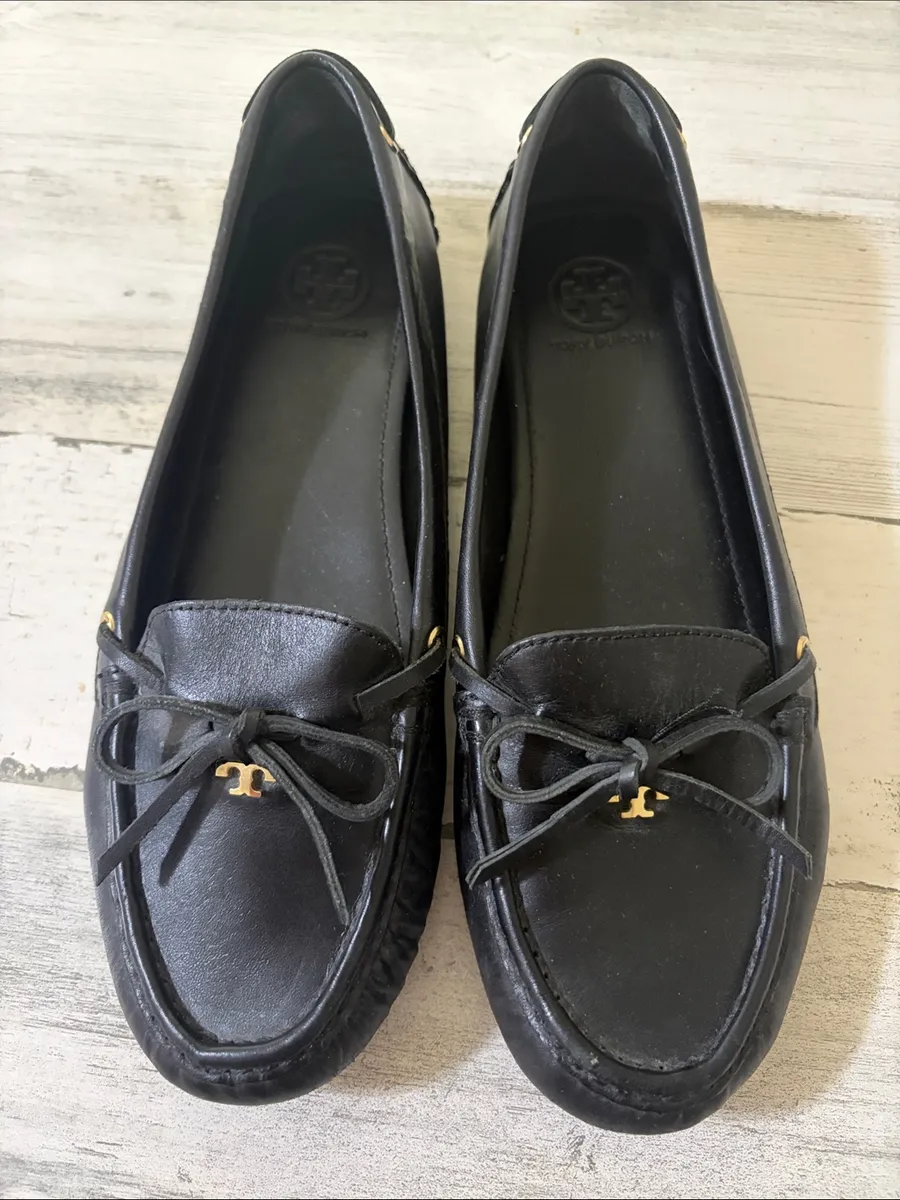 Tory Burch Black Leather Bow-Trim Driving Loafers with Gold Logo