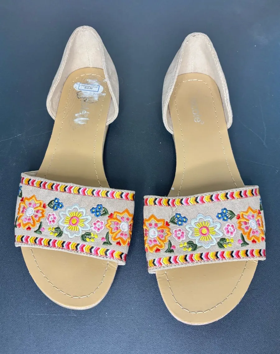 Nicole Beige Slide Sandals with Multicolor Floral Embroidery Size 7 Tan