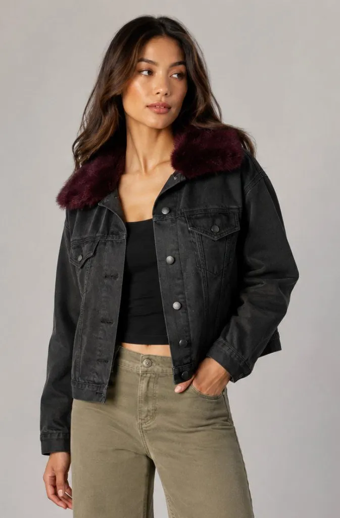 JAK & RAE Faux Fur Jean Jacket Size Medium Black