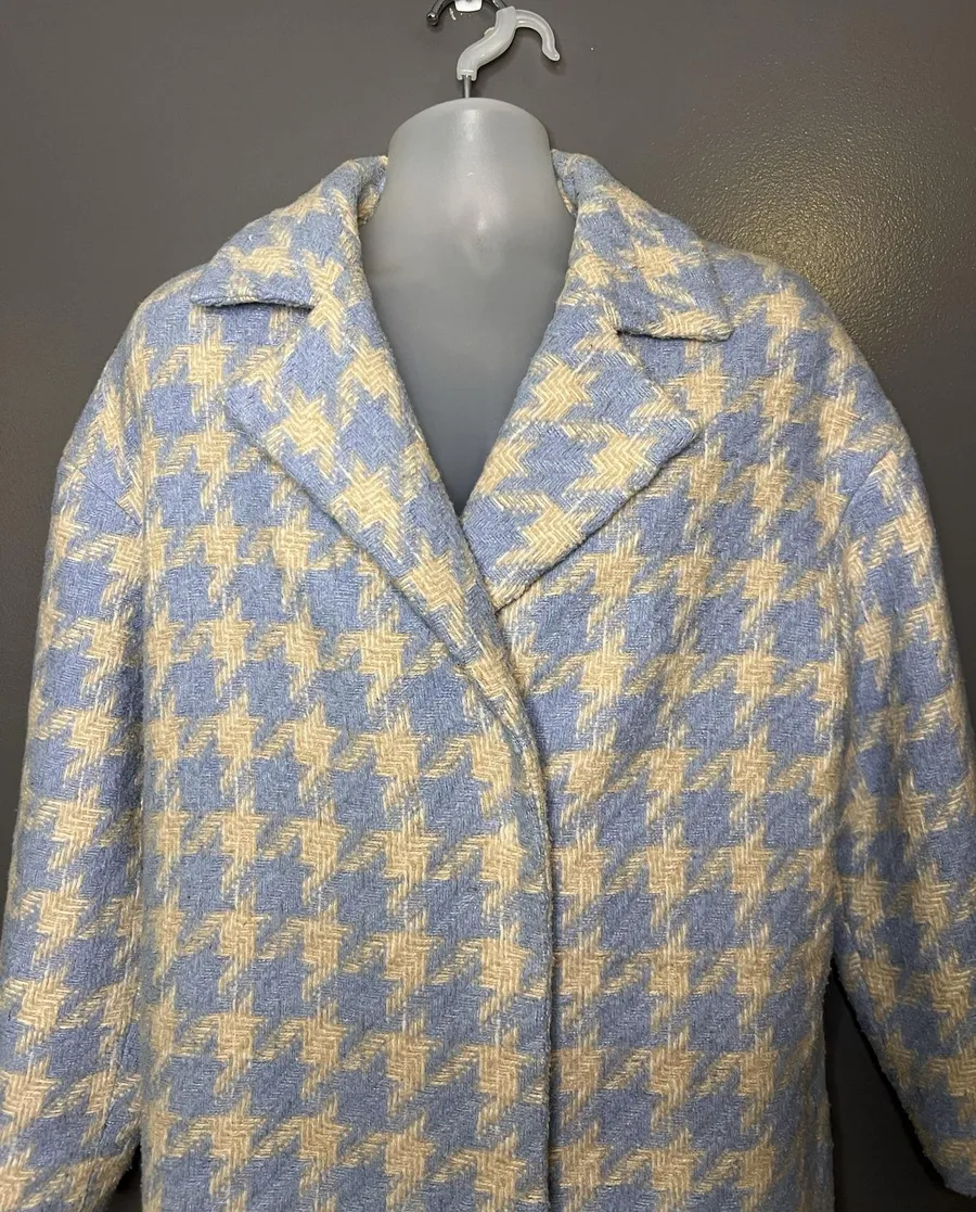 Baloot Coat Womens Small Blue Houndstooth Tweed 3/4 Sleeve Button Front Lined