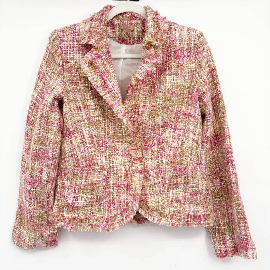 Forever 21 Womens Pink Y2K Tweed Frayed Raw Edge Preppy Academia Blazer Jacket L
