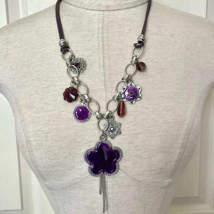 Silver tone and purple statement necklace