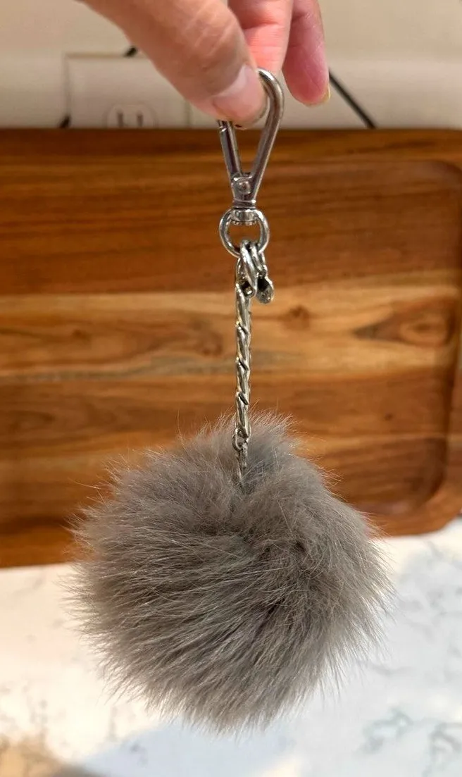 Michael Kors Large Fur Pom Pom Bag Charm keychain neutral glam silver tone