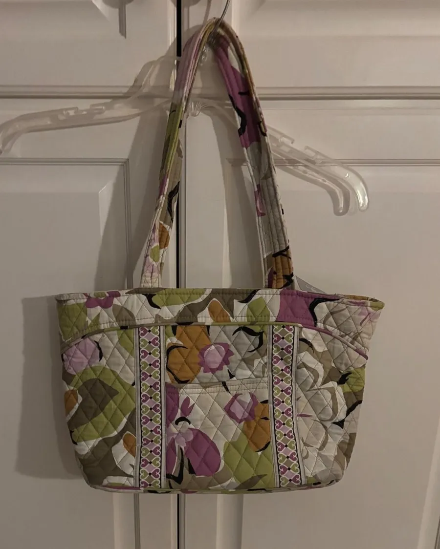 Vera Bradley Mocha Rouge Floral Quilted Cotton Zip Top Tote Bag Shoulder Purse