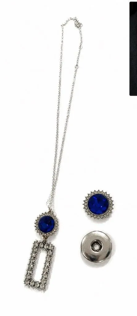 Snap Jewelry Necklace Silver Tone Blue Rhinestone Snap Crystal Rectangle