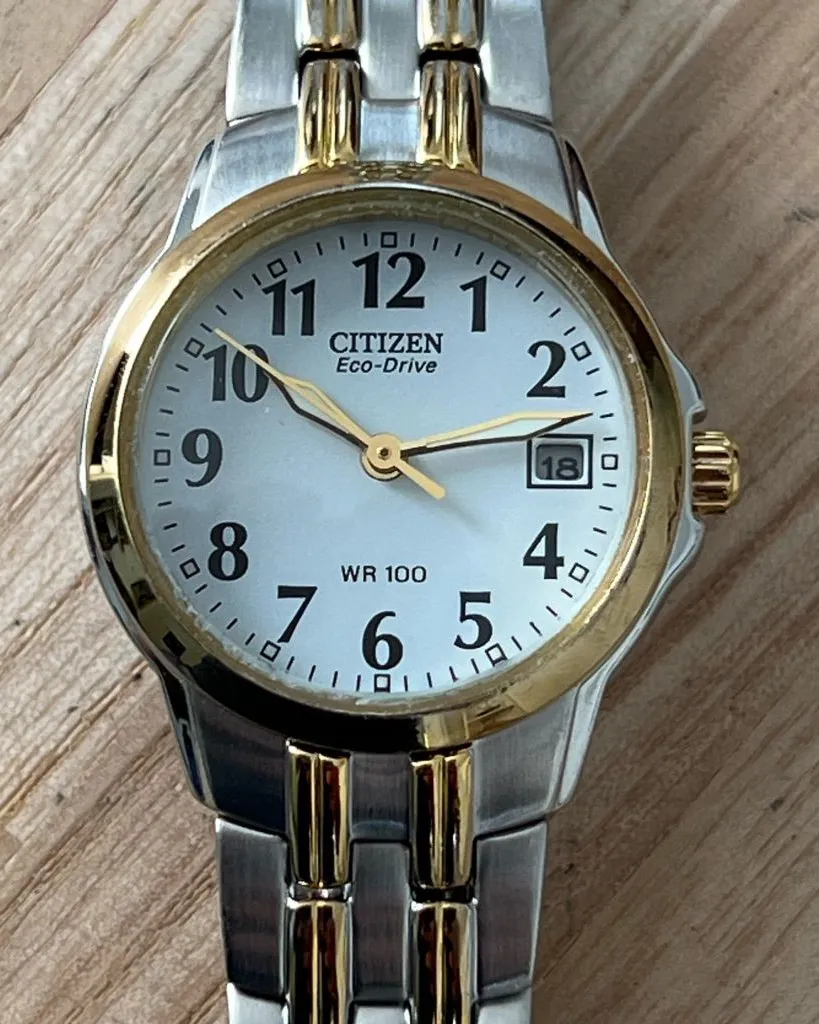 Citizen Eco-Drive Ladies Watch Two-Tone Bracelet White Dial Date Window