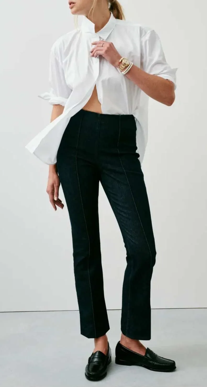 New! $148 SPANX Denim Demi Boot Raw Indigo High Waist Flare Jeans Sz Small