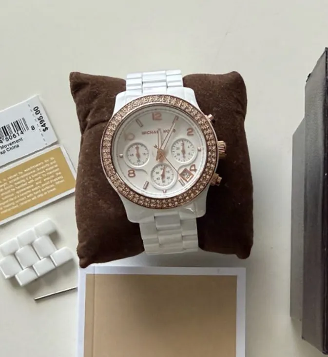 Michael Kors MK5269 Ladies White Ceramic Watch RoseGold Swarovski Crystals Bezel
