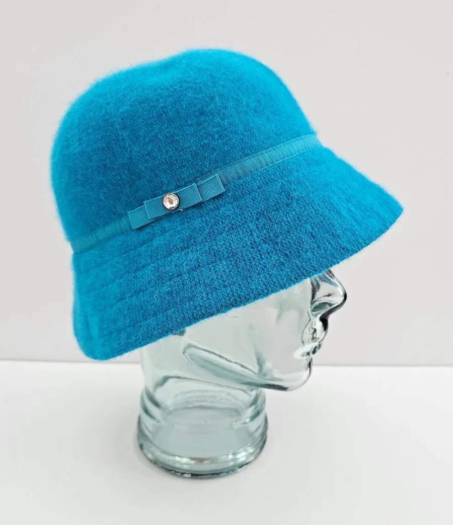 GAP Turquoise Blue Angora Blend Cloche Bucket Hat - Rhinestone Accent - S/M