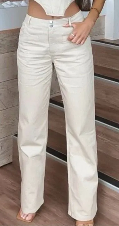 WHITE FOX Power Play Wide Leg Mid Rise Pants Tan / Oatmeal Medium