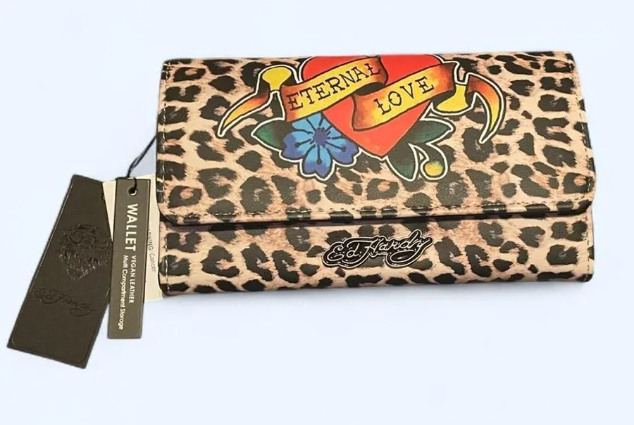 Ed Hardy Leopard Print 'Eternal Love' Wallet in Tan and Black with Red Accent
