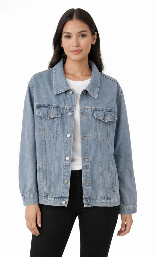Denim Jacket Graphic Print Statement Back Design Women's Size L Blue Size L