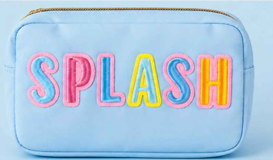 Blue ‘SPLASH’ nylon Travel Pouch with multicolored letter patches