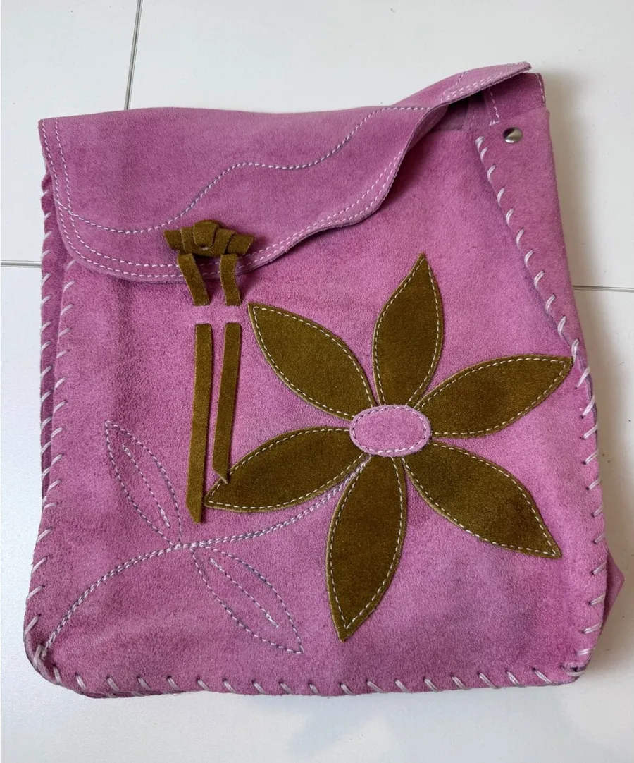 Y2K Vintage Suede Crossbody Bag Women Floral Patchwork Boho Indie Cottagecore Pink