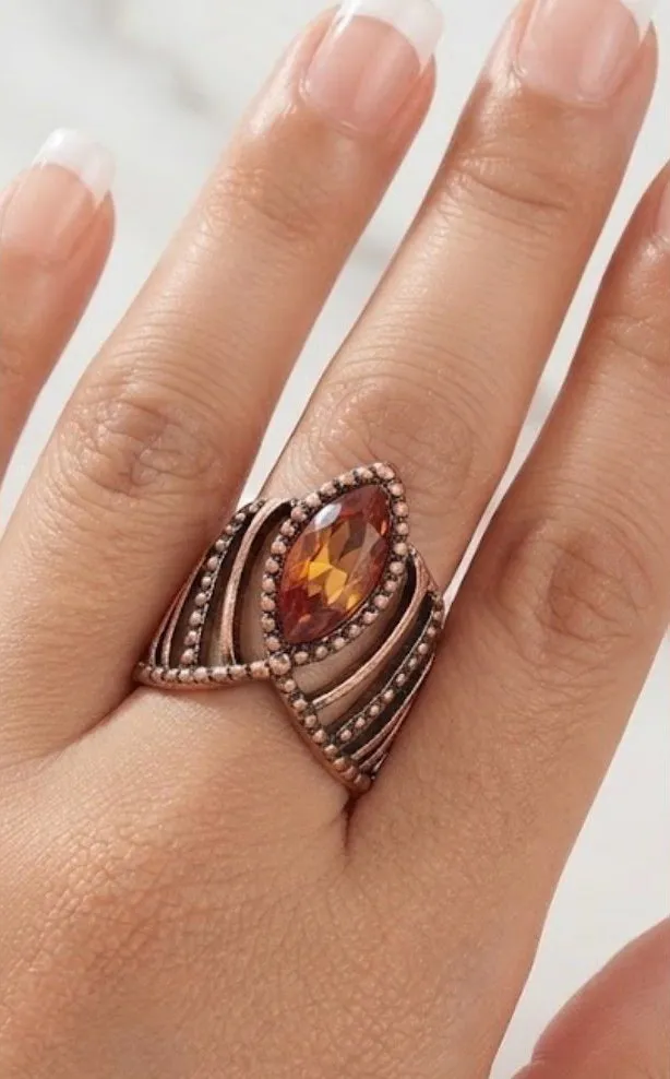 Copper Marquise Amber Crystal Statement Ring Brown
