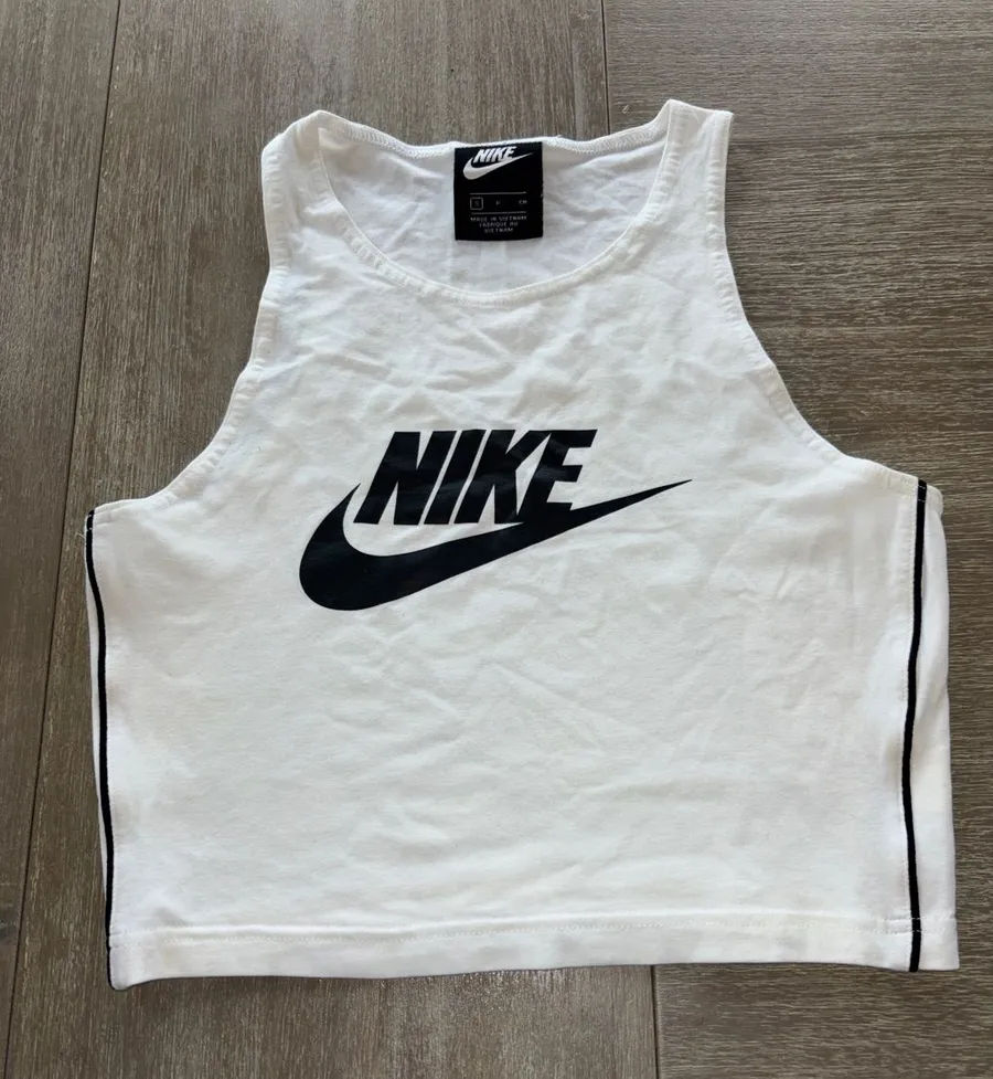 Nike White Crop Tank with Black Logo and Trim