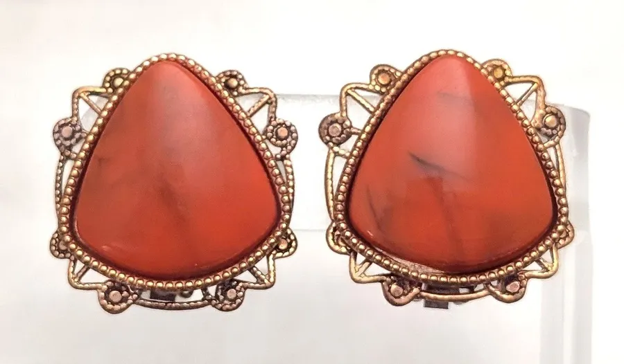 Vintage Clip On Earrings Statement Dark Orange and Copper Tone Large Regal