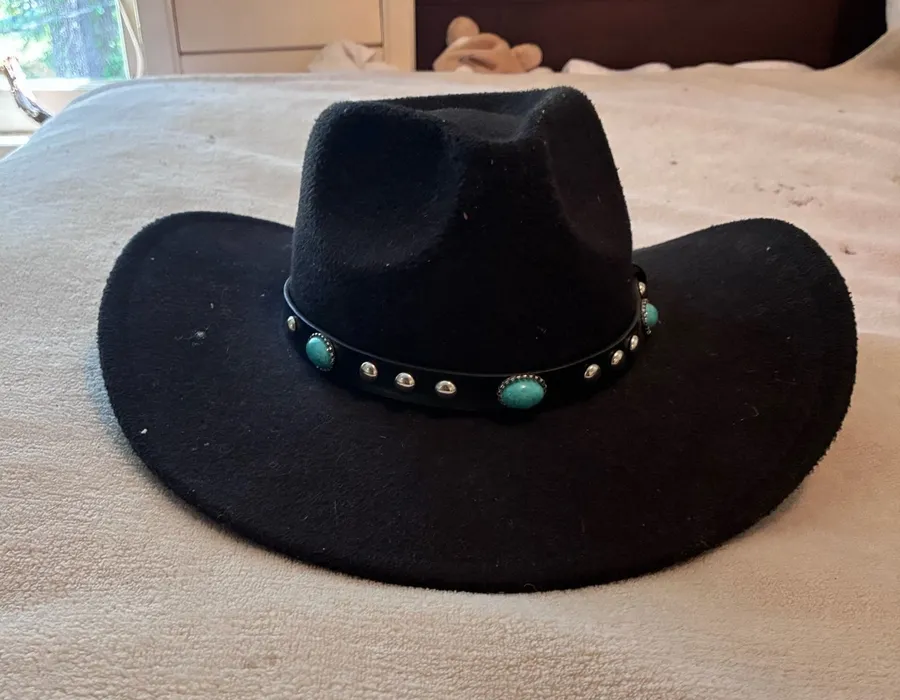 Spirit Black Western Cowboy, Cowgirl Hat, Turquoise Strap, Men Women Retro Wide Brim