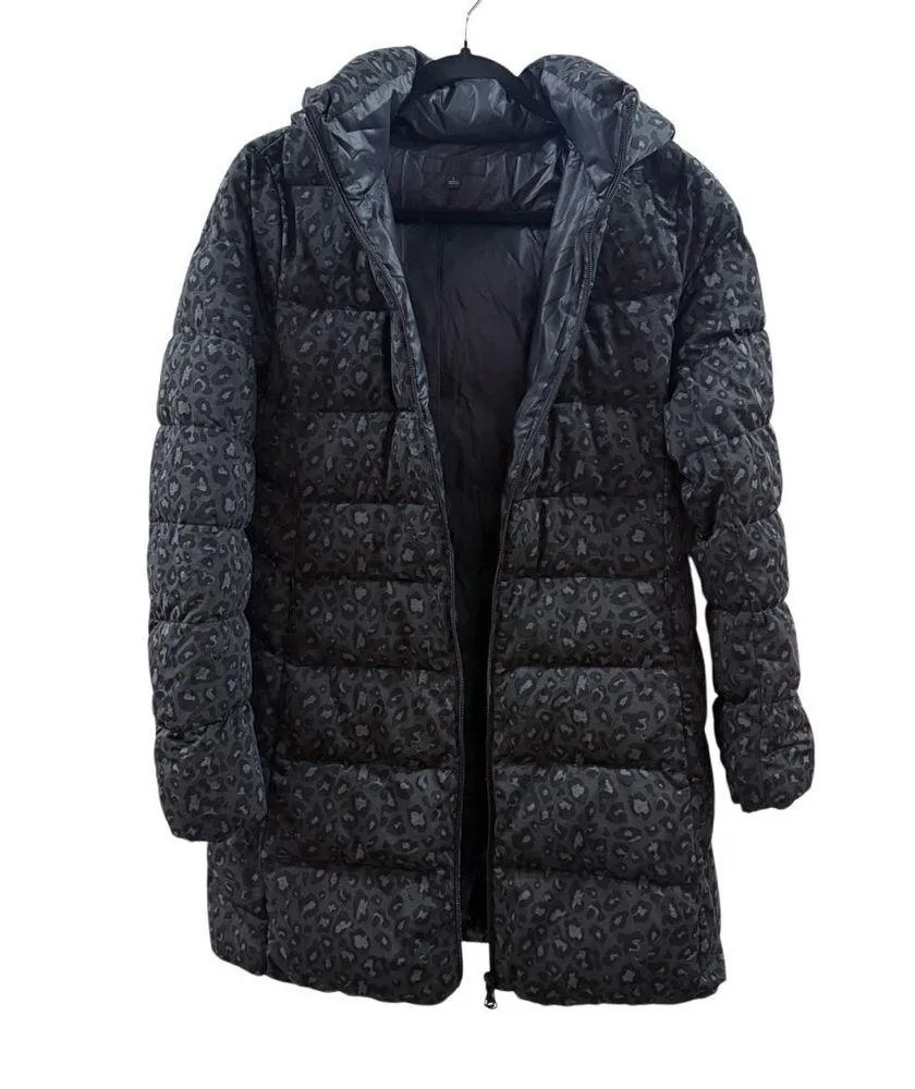Uniqlo Dark Grey Leopard Cheetah Down Puffer Long Jacket "Stretch" Fabric Size L