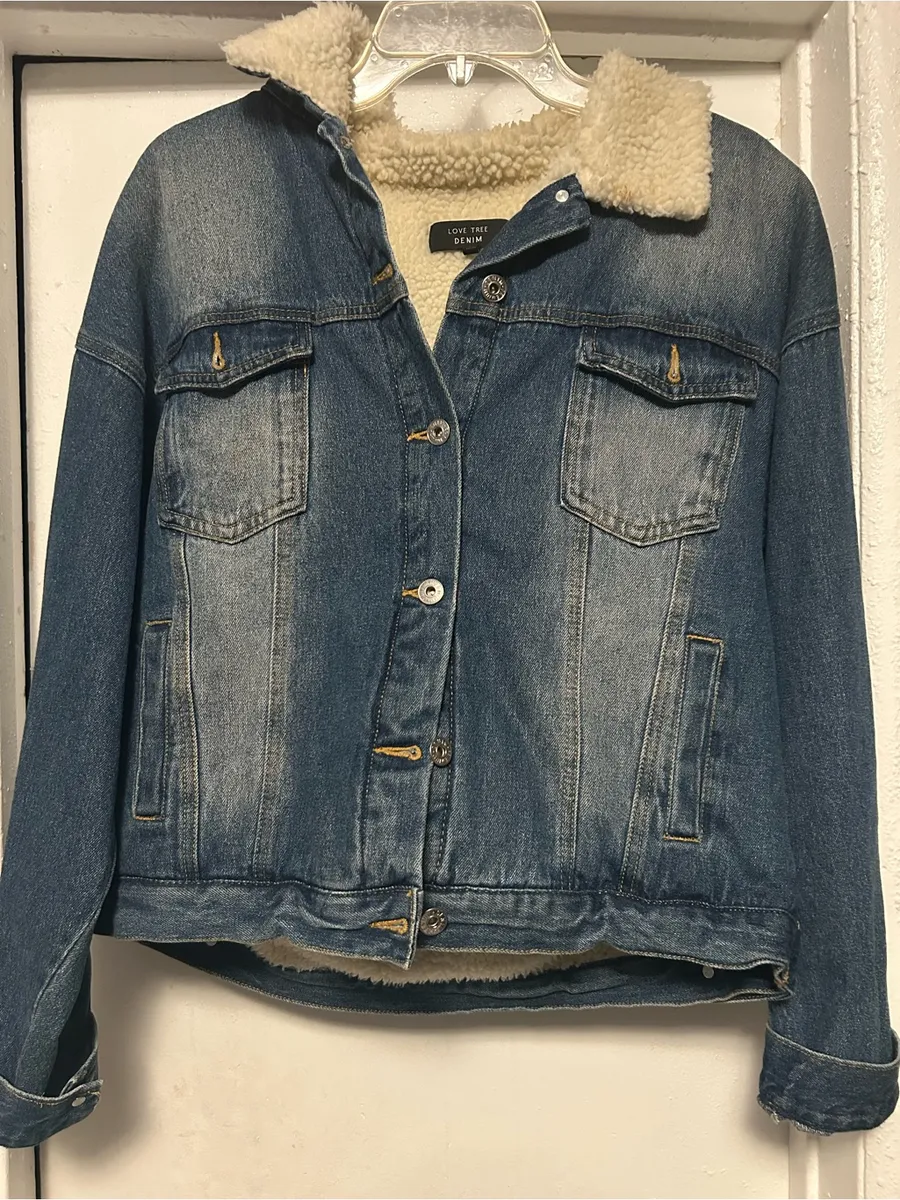 ♥️ Love Tree Light Blue Denim Jacket with Cream Sherpa Collar