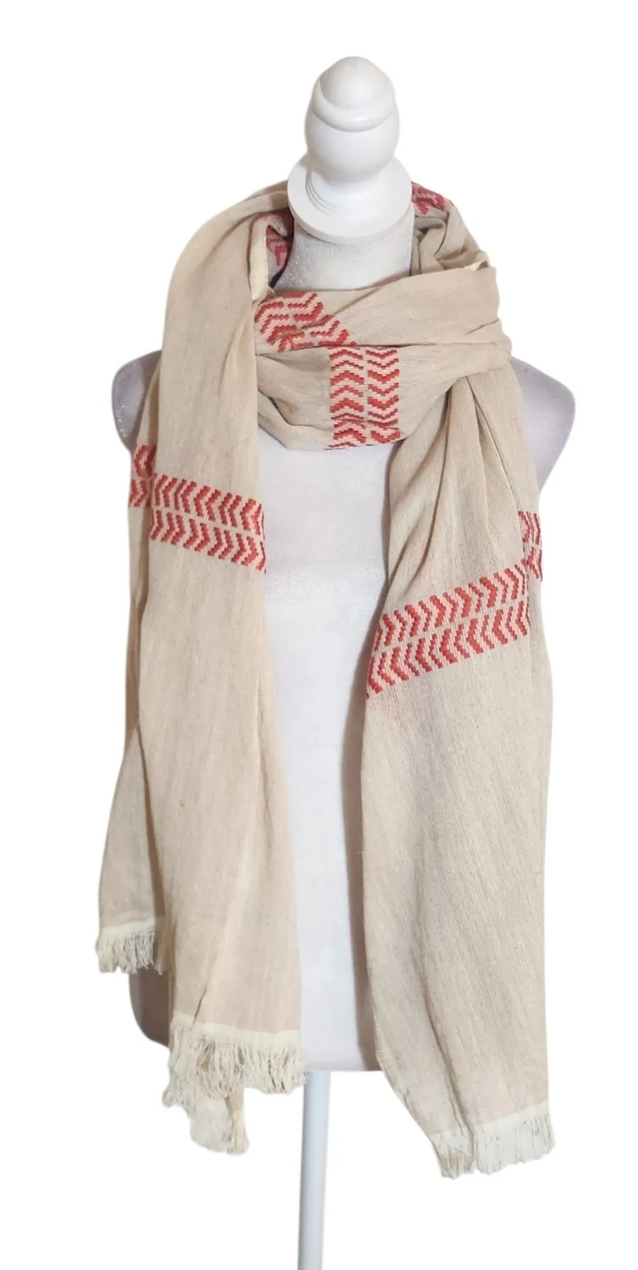 Beige and Coral Chevron Woven Fringe Scarf One Size Pink