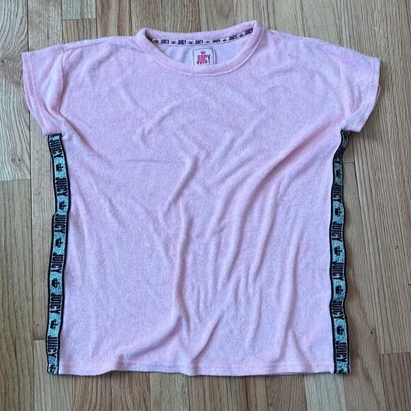 Juicy Couture Shirt Womens Small Pink Black Logo Sleepwear Short Sleeve Y2K