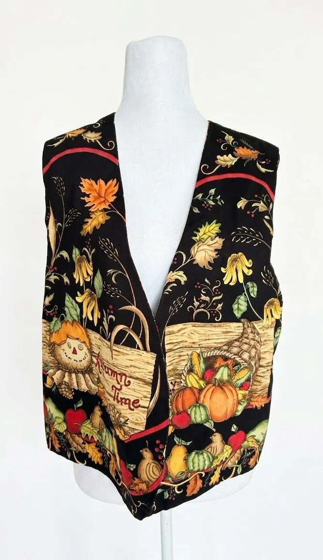 Vtg 90s Fall Harvest Vest Reversible Scarecrow Pumpkin Teacher Core Hand Made L Size L