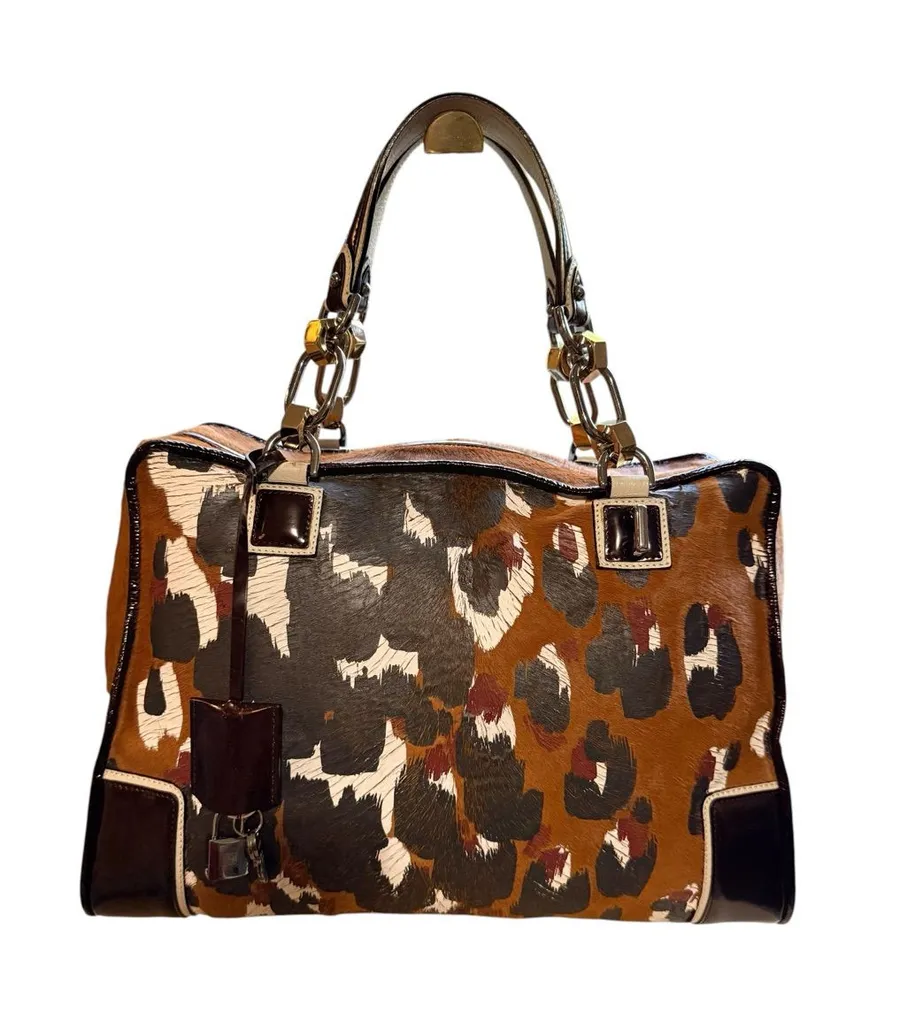 LOEWE Amazona Archive Pony Calf Hair Leopard Print Satchel Burgundy Leather Bag