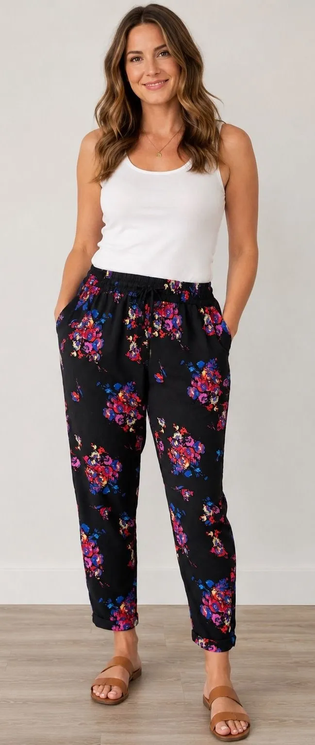 COLDWATER CREEK Women's Pull-On Pants Large 14 Floral Print Elastic Waist Black